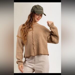Very J Mocha Stitch Detail Casual Round Neck Sweater